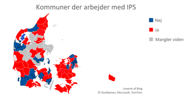 Danmarkskort som viser, hvilke kommuner, der arbejder med IPS. 