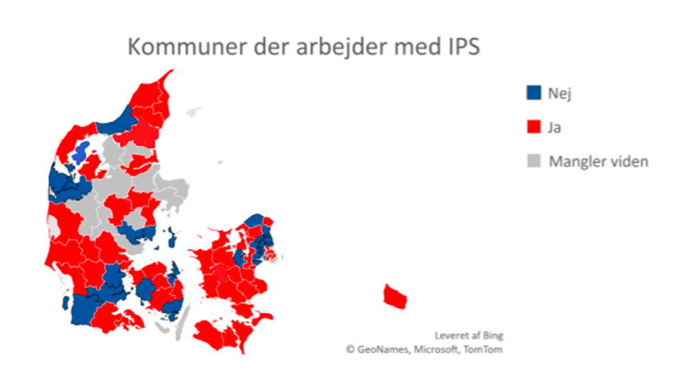 Danmarkskort som viser, hvilke kommuner, der arbejder med IPS. 